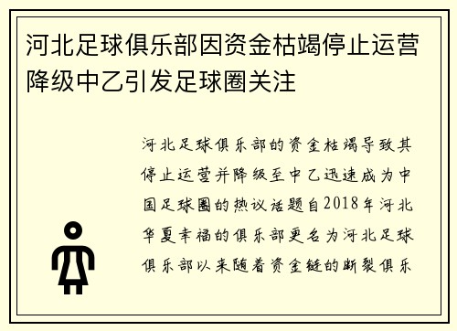 河北足球俱乐部因资金枯竭停止运营降级中乙引发足球圈关注 河北足球俱乐部因资金枯竭停止运营降级中乙引发足球圈关注
