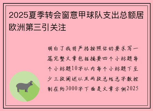 2025夏季转会窗意甲球队支出总额居欧洲第三引关注